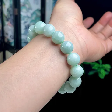 四会缅甸料翡翠A货约珠宝手链飘绿玉器天然手串圆珠豆色13MM