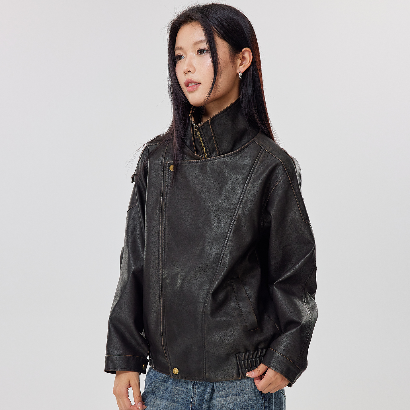 MOFG秋冬新款重工复古水洗做旧简约立领机车皮衣外套女PU夹克上衣