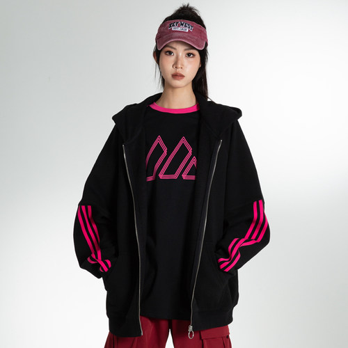 三杠条logo美式拉链衫男女