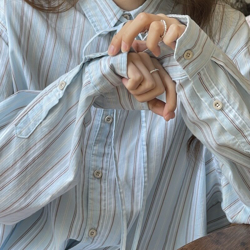 日系海盐蓝色条纹衬衫女