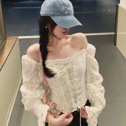 设计感甜美系带方领花边衬衫女春季新款收腰显瘦气质减龄百搭上衣