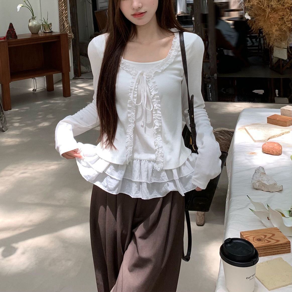 纯欲风白色假两件开衫长