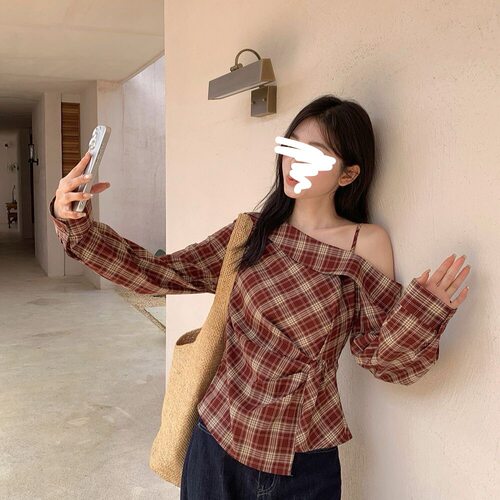 设计感复古斜肩格纹衬衫