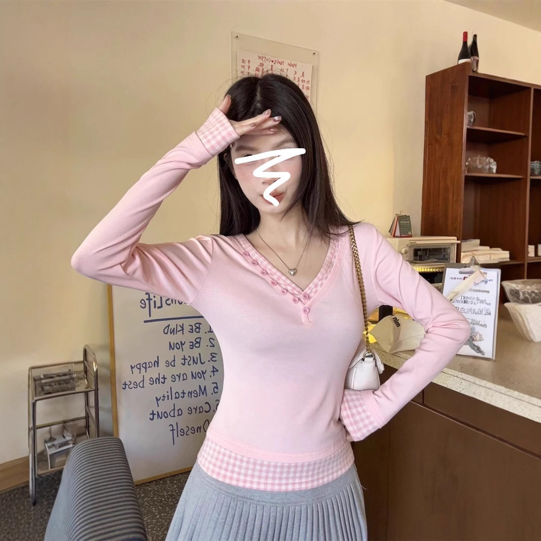 甜辣妹粉色V领长袖T恤女