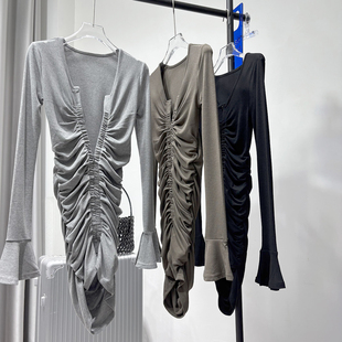 ins博主款 拉链连衣裙包臀短裙前后两穿女 辣妹性感弹力抽褶喇叭袖