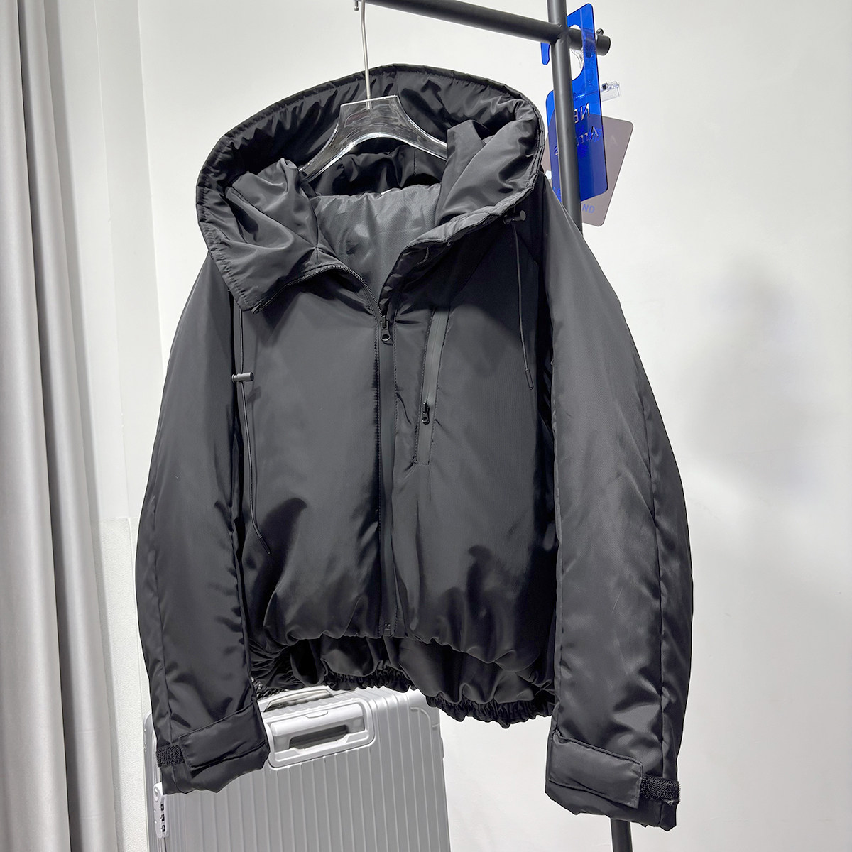 ins博主款小众黑色机能风连帽高腰棉服短款收腰加厚百搭棉衣外套