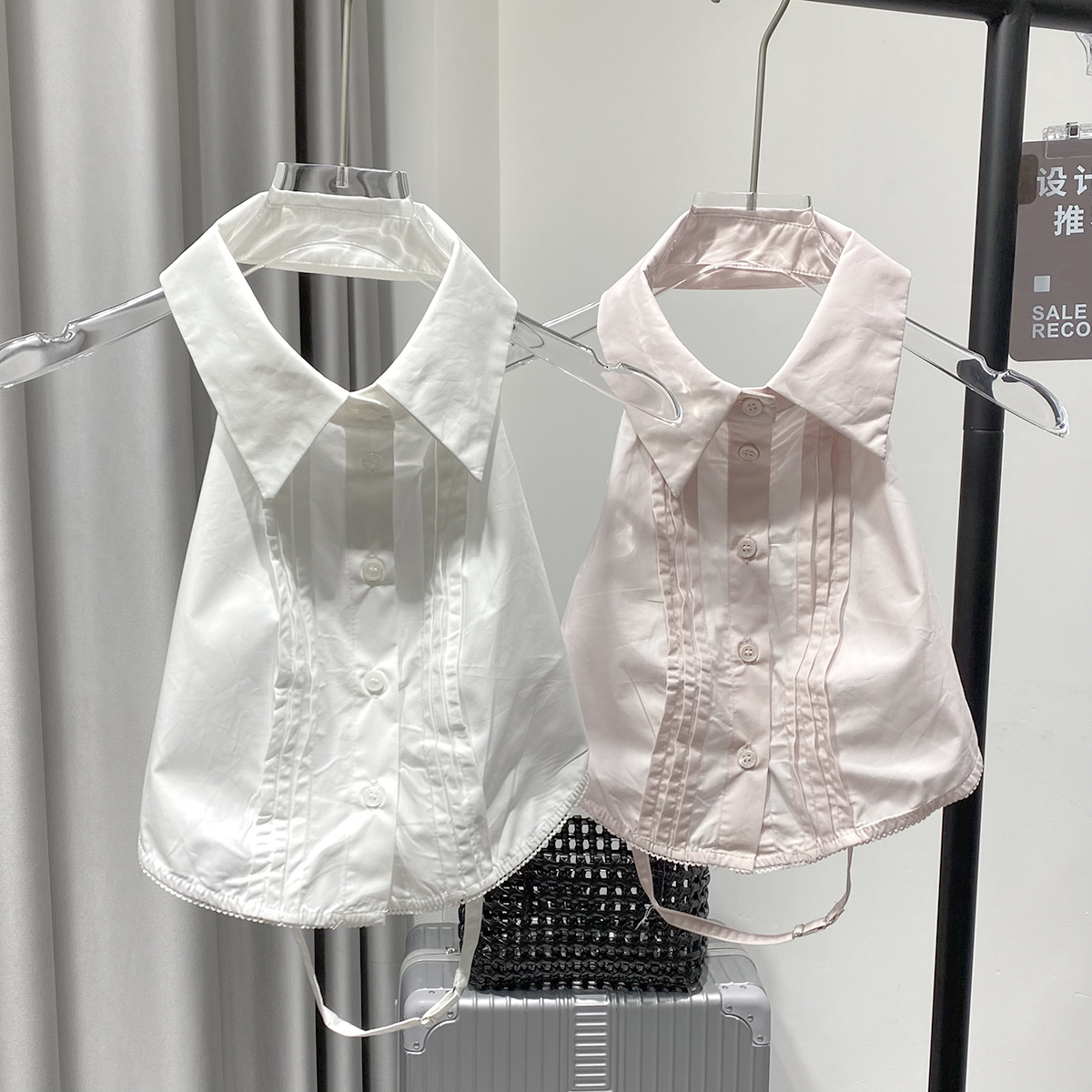 高街大牌风小众设计感翻领无袖超短露背衬衫粉色花边露脐性感衬衣