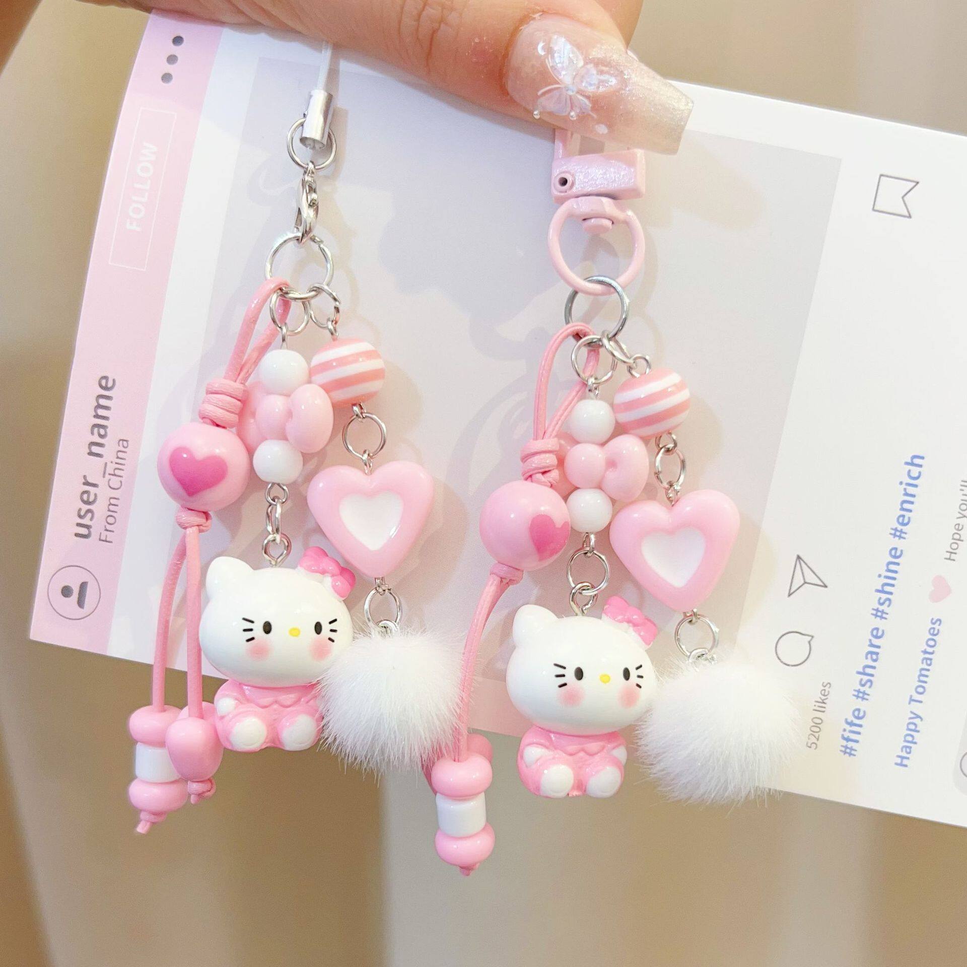 可爱卡通kitty猫钥匙扣 甜美串珠编毛绒织包挂件爱心凯蒂猫手机链