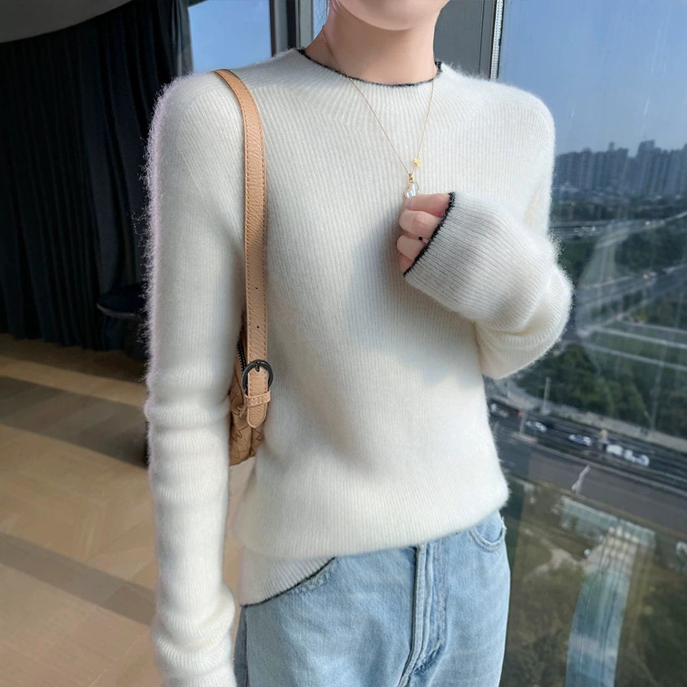 秋冬新款100%纯羊毛衫女士修身抽条纯色羊绒衫女衫打底衫内搭上衣