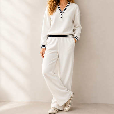 V-neck sweatshirtwidelegpantstwo-piecesetV领卫衣阔腿裤两件套