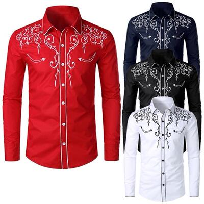Men Western Denim Embroidered Slim Fit Shirt西部牛仔刺绣衬衫