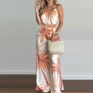 Sexy printed sleeveless jumpsuit neck 女士性感V领印花连体裤