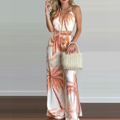 女士性感V领印花连体裤Sexy V-neck sleeveless printed jumpsuit