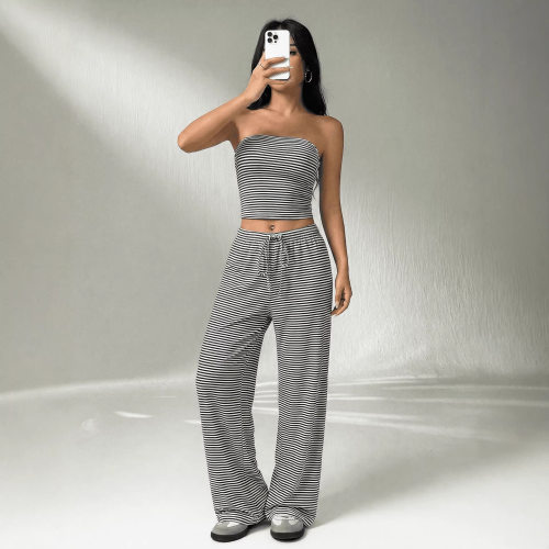 Striped strapless drawstring pants set条纹抹胸抽绳长裤套装