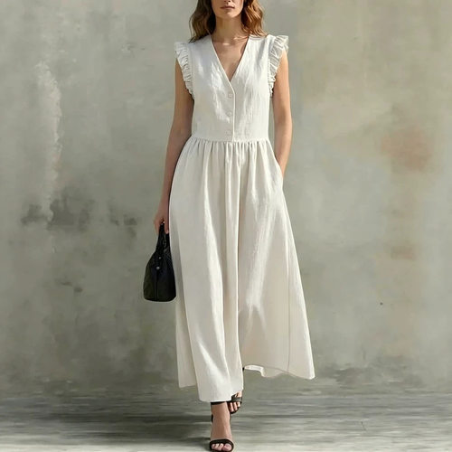 收腰圆领纯色连衣裙Waist cinched round neck solid color dress