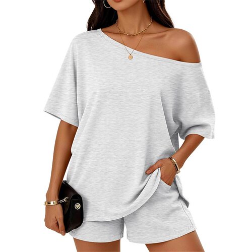 斜领上衣短裤套装女Slant collar top and shorts set for women