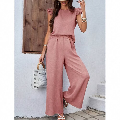 圆领上衣长裤套装女 Round neck top and pants set for women