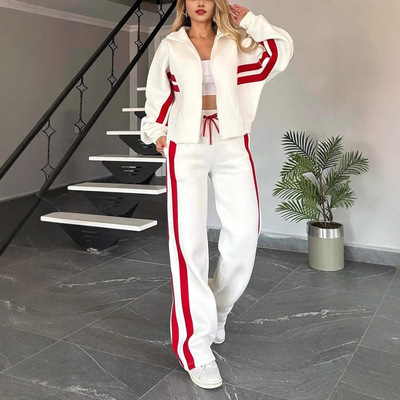 Striped zipper jacket and pants set条纹拉链外套长裤套装女