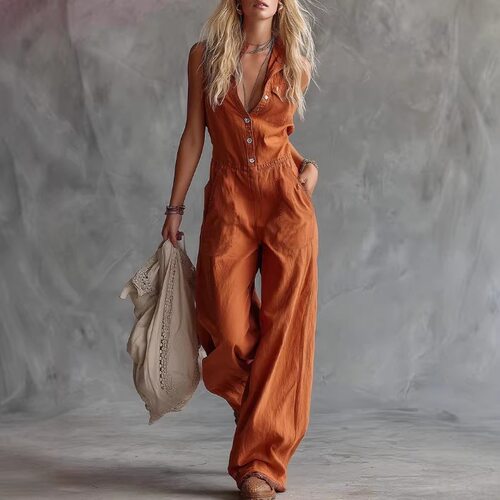 V领前扣无袖连体裤V-neck front button sleeveless jumpsuit
