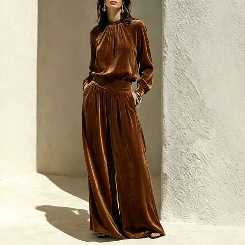 Women's pleated top wide leg pants set褶皱上衣阔腿裤套装女