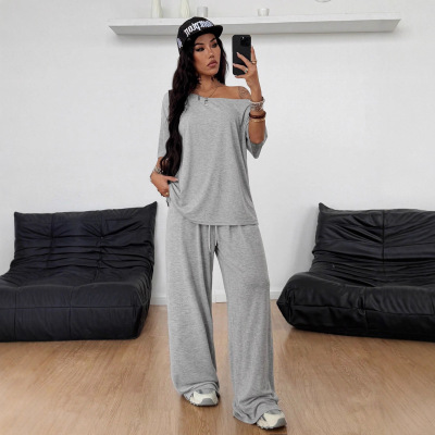 斜领上衣纯色长裤套装Slant collar top solid color pants set