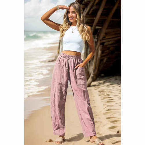 纯色松紧休闲长裤女Solid color elastic casual pants for women