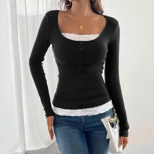Round neckline lace-up bodysuit top方圆领拼接蕾丝修身上衣