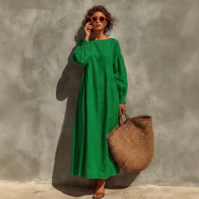 Round neck bubble sleeve jumpsuitlongskirt圆领泡泡袖连衣长裙