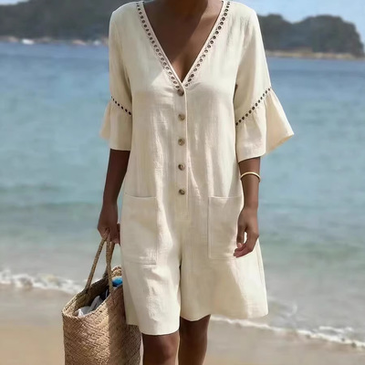 V领喇叭袖女士连体裤 V-neck flared sleeve women's jumpsuit