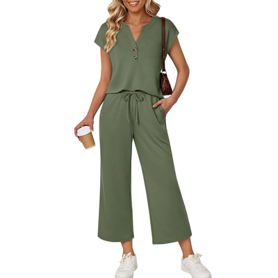 Button top pants casual suit for women纽扣上衣长裤休闲套装女