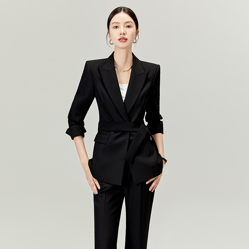 韩版西装2026早春新款高级黑色含腰带两件套前台工作装女职业正装