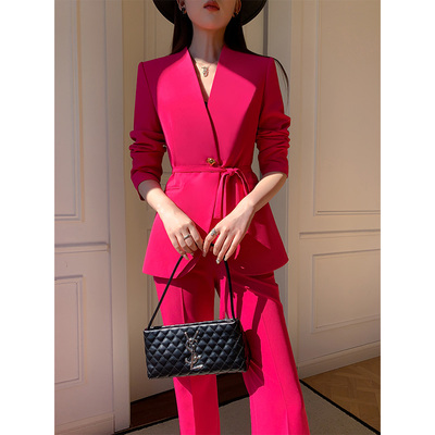 通勤修身时尚高级玫红色西服套装