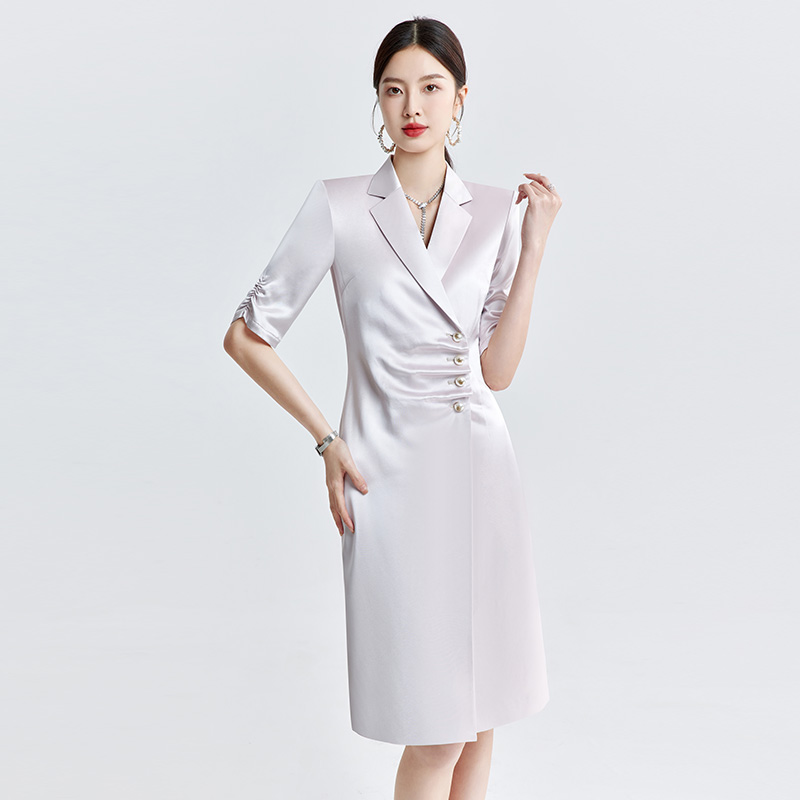 夏季新款香槟色短袖连衣裙女休闲宽松高级时尚气质西装裙一步裙薄