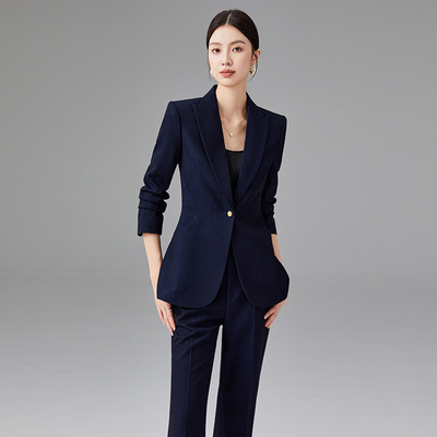 西服外套女秋季新款主持职业套装职场知性成熟女人味藏青色两件套