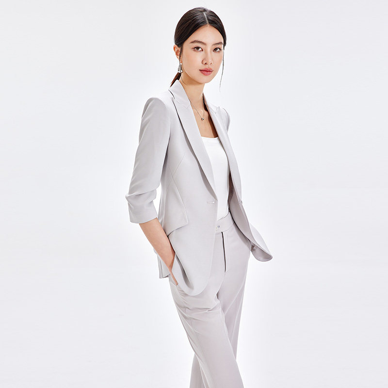 气质修身西装套装女2026夏季灰色高级外套薄款修身七分袖西装套装