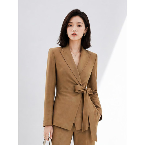 咖色西装套装女2026秋季系带收腰高级感职业通勤微喇裤正装两件套