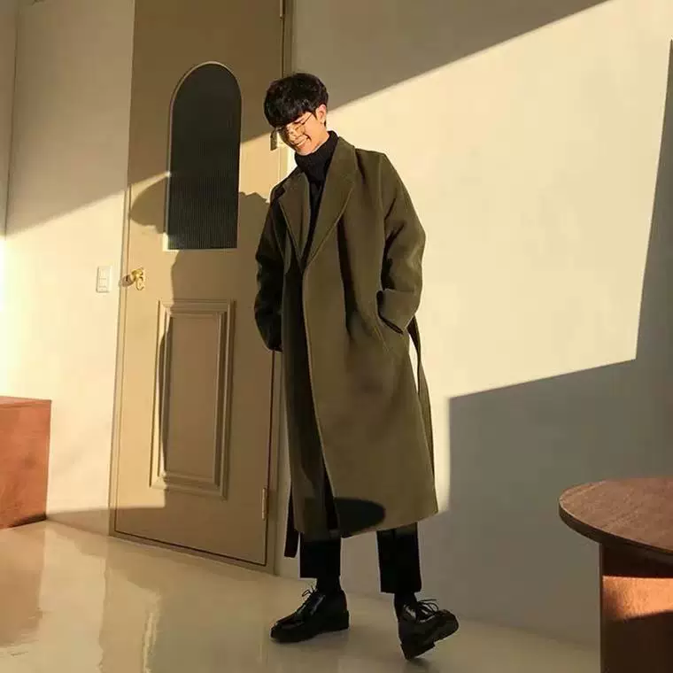Men's demi-season trench coat, long woolen coat, Korean style, mid-length, plus size