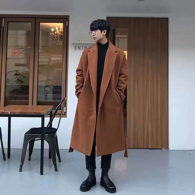 Men's demi-season trench coat, long woolen coat, Korean style, mid-length, plus size