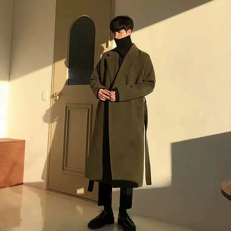 Men's demi-season trench coat, long woolen coat, Korean style, mid-length, plus size