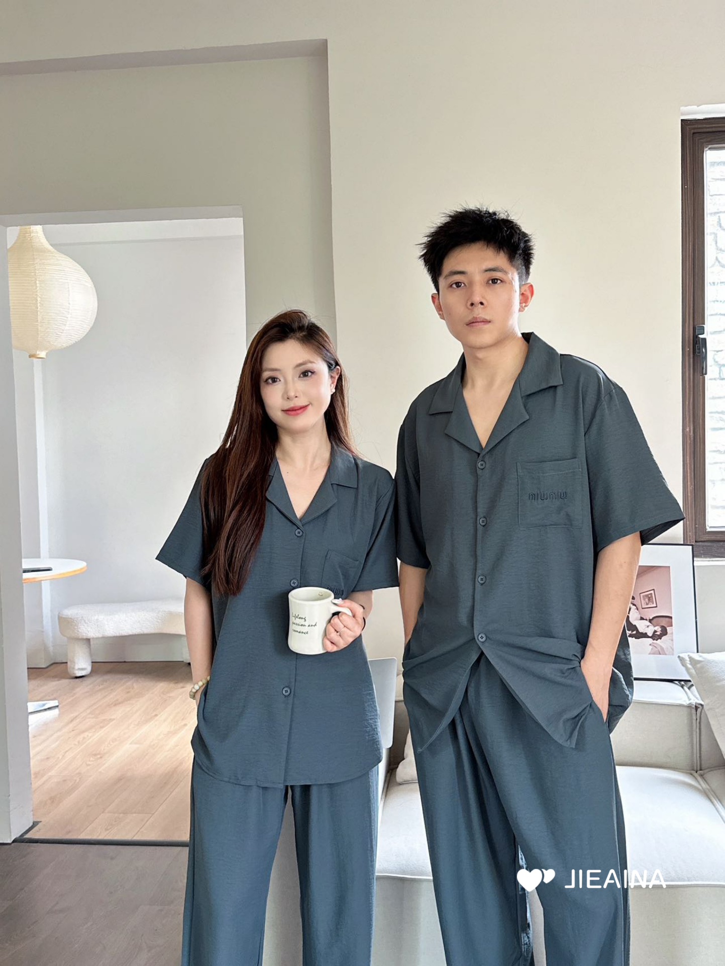 m家制素色情侣睡衣夏季短袖长裤