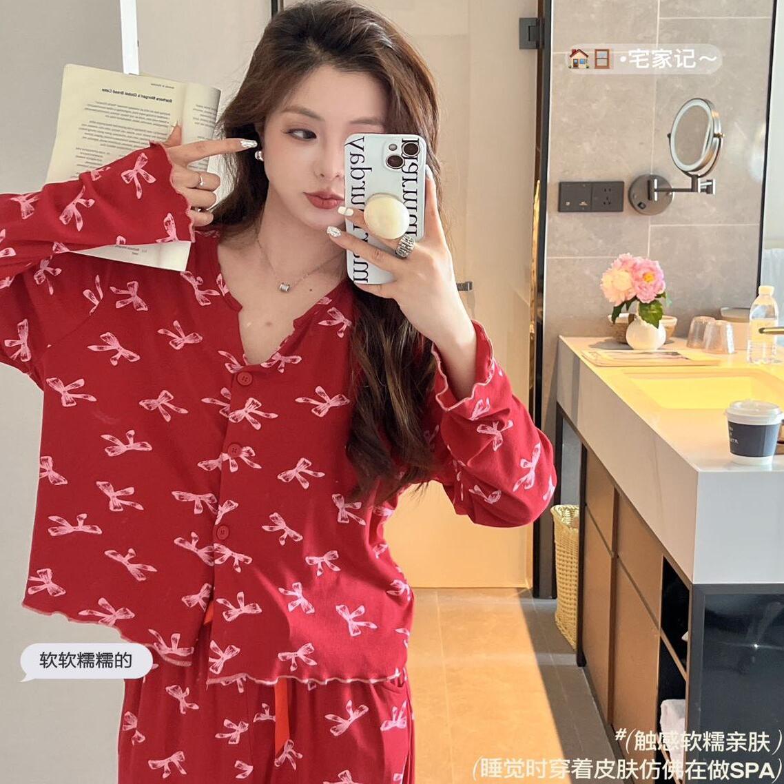 韩系蝴蝶结千金感V领甜美家居服