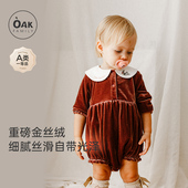 Oak Family婴儿衣服新生宝宝春秋红色丝绒包屁衣满月百日连体衣