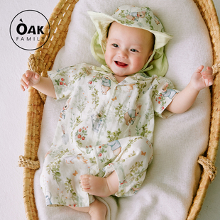 纯棉宝宝哈衣婴幼儿宽松爬服 透气短袖 Oak Family新生连体衣夏季