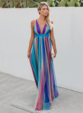 Deep V rainbow mesh suspender dress  深V彩虹网纱吊带连衣长裙