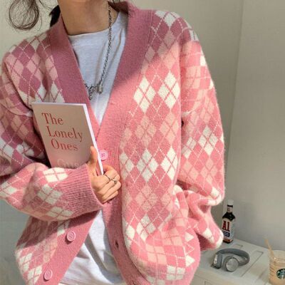 Plaid sweater cardigan long-sleeved coat格子毛衣开衫长袖外套