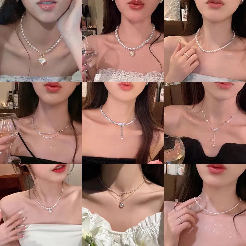 蝴蝶结粉钻天然珍珠碎银子项链配饰女高级感锁骨链轻奢小众颈链