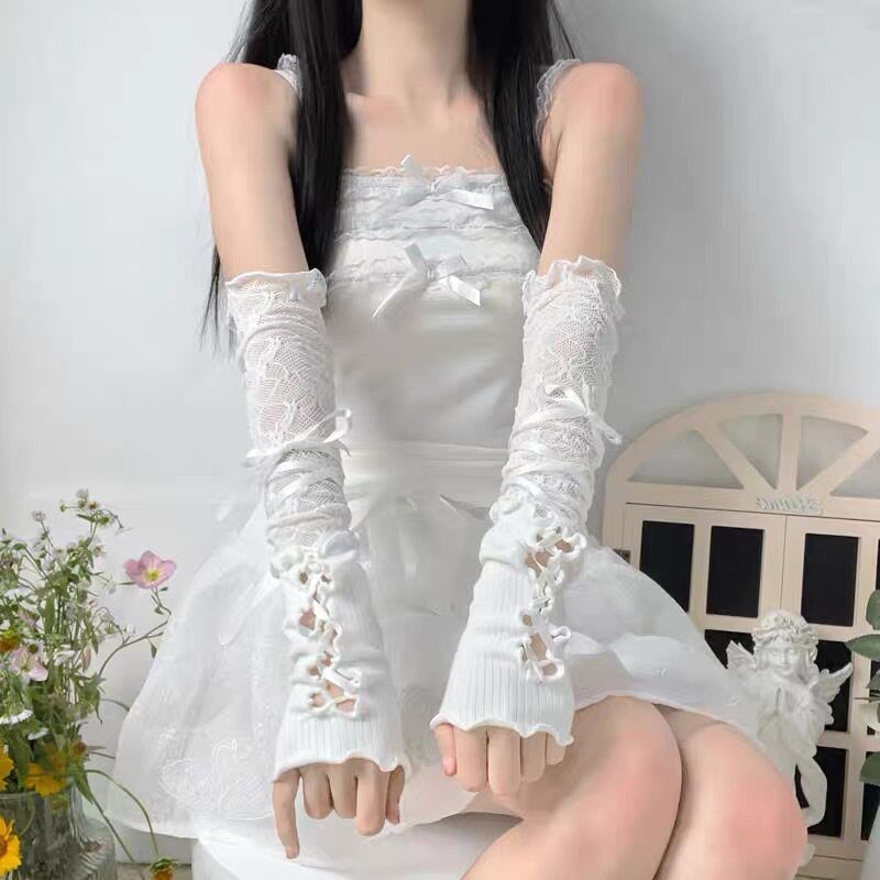 黑色长版手套lolita蕾丝手袖女拼接芭蕾风丝绑带臂袖套cos甜酷风