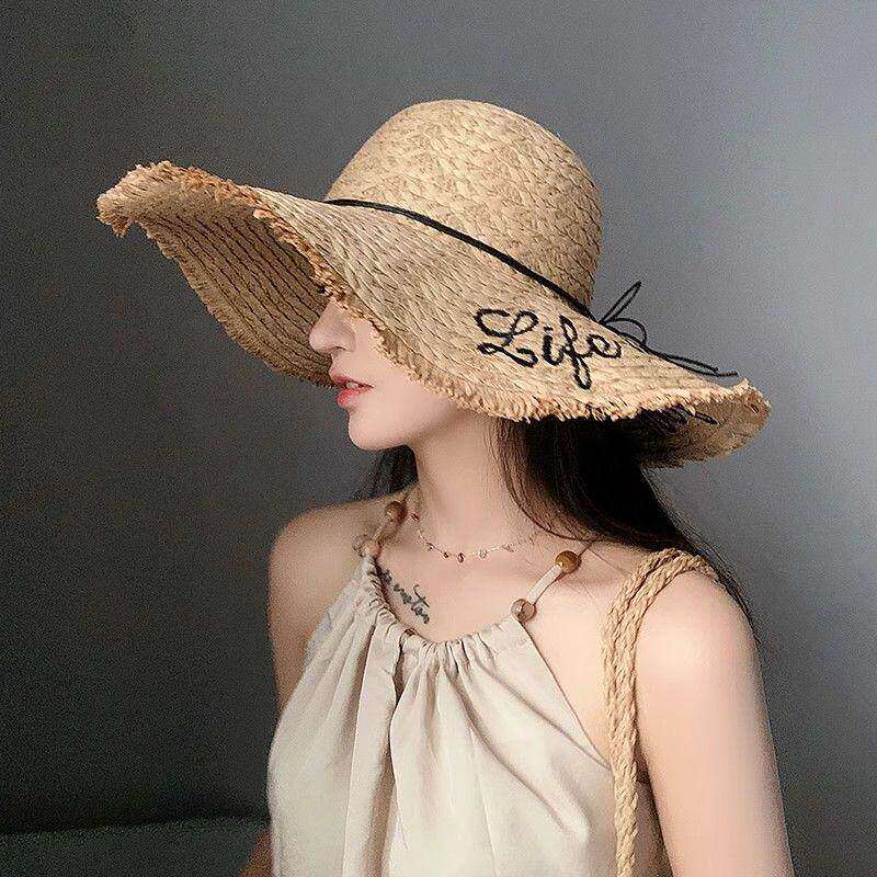草帽帽子女夏季字母刺绣毛边大沿沙滩太阳帽出游海边度假防晒草帽