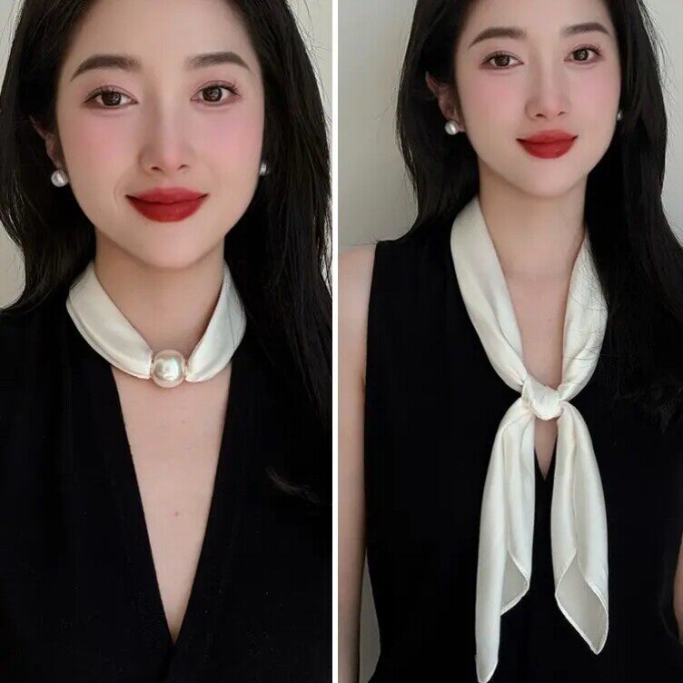 纯色珍珠磁吸扣项链小丝巾女春夏季薄款装饰护颈职业长条领巾百搭