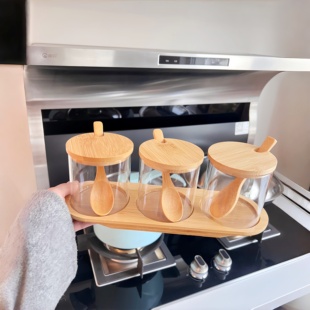 盐罐调料罐透明带勺竹木盖调味罐套装收纳作料盒佐料罐防潮玻璃罐